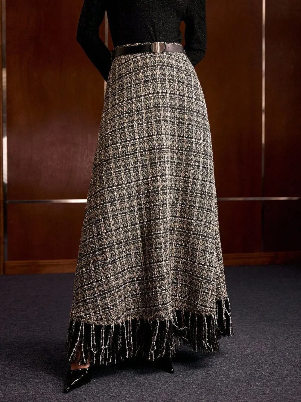 Multicolor Elegant Women's High Waist Belted Zipper Fringe Hem Flared Skirt